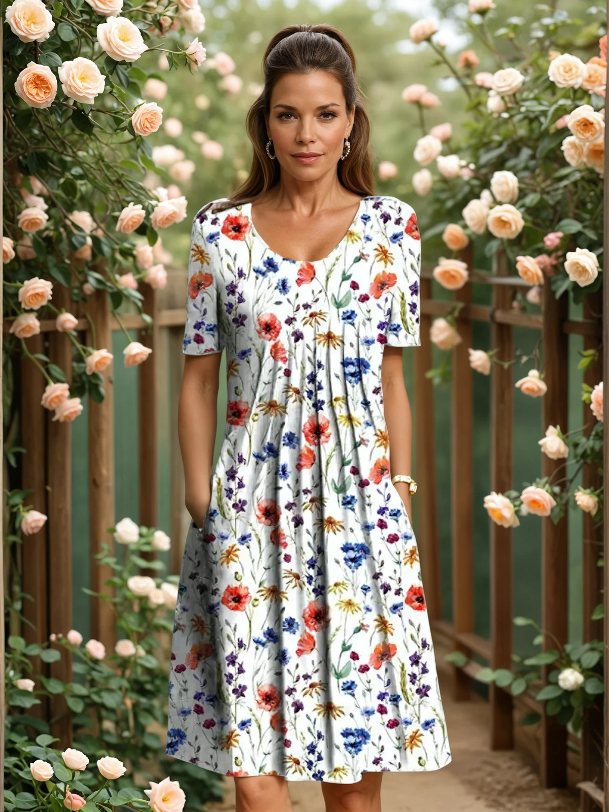 Vestido Midi Feminino | Estampa Floral, Decote V, Corte A