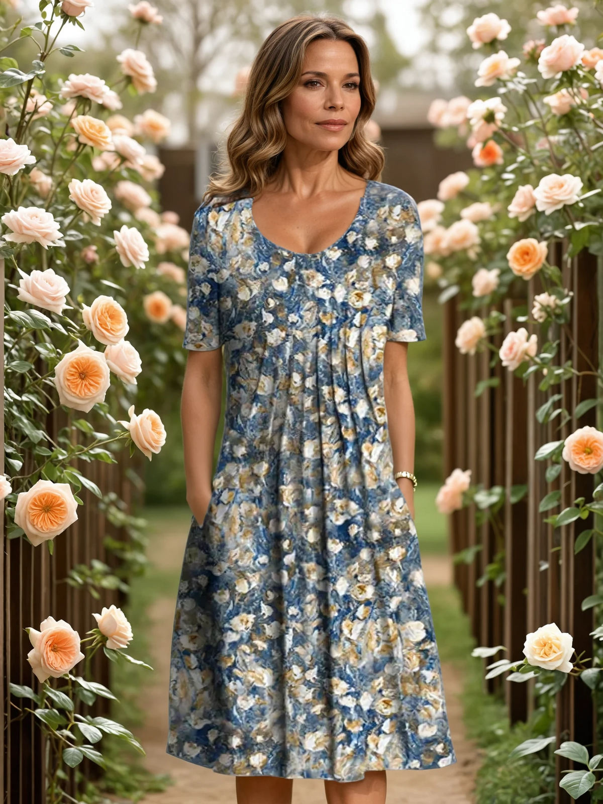Vestido Midi Feminino | Estampa Floral, Decote V, Corte A