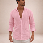 Camisa de Linho Homem | Ajuste Regular, Gola Aberta