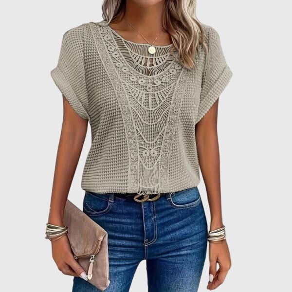 Nova | Blusa Feminina Meia Malha Rendada Decote Redondo