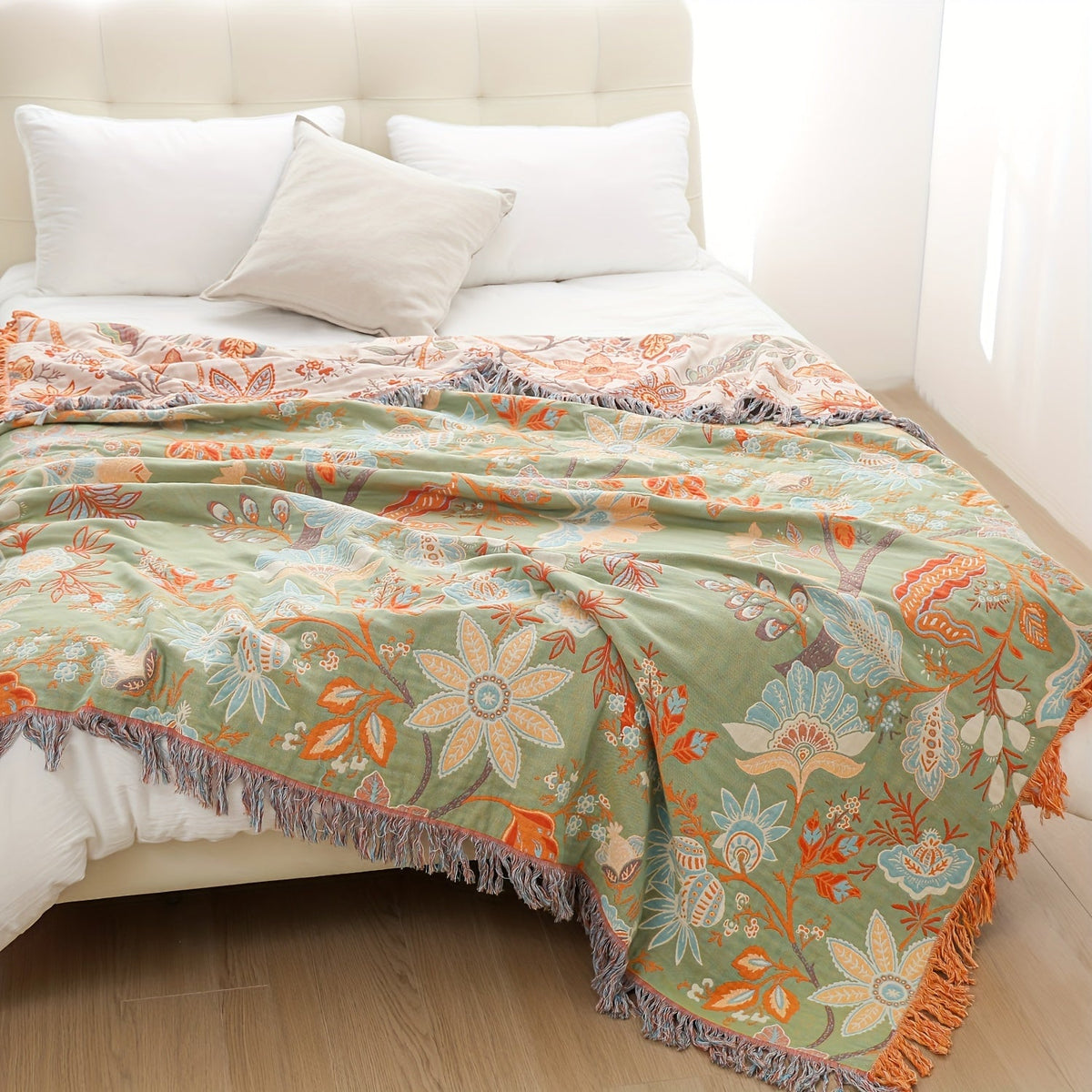 Bexcellent | Manta de Algodão Borla | Estilo Boémio, Padrão Floral | 200x230 cm