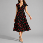 Tessa | Vestido Midi Floral Gola V Renda