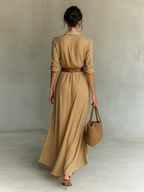Vestido Maxi Feminino Algodão Manga Longa Colarinho Lapela