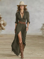 Vestido Longo Cinto Lapelas Franzidas