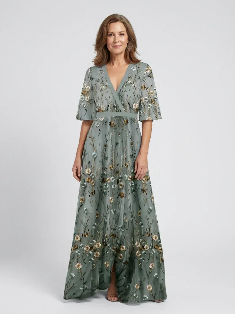 Linnea | Vestido Longo Floral Decote V Manga Curta Feminino