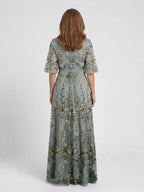 Linnea | Vestido Longo Floral Decote V Manga Curta Feminino