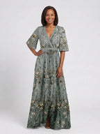 Linnea | Vestido Longo Floral Decote V Manga Curta Feminino
