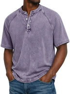 T-shirt Henley Homem | Manga Curta, Efeito Lavado | Casual