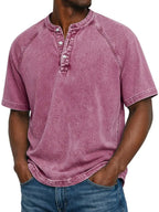 T-shirt Henley Homem | Manga Curta, Efeito Lavado | Casual