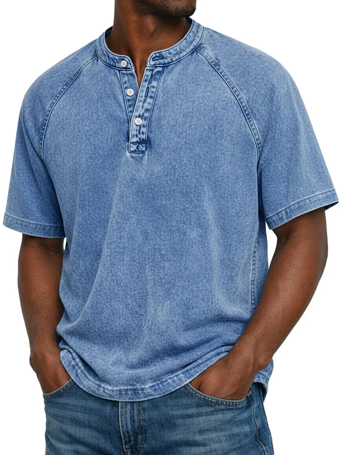 T-shirt Henley Homem | Manga Curta, Efeito Lavado | Casual