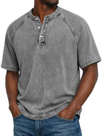 T-shirt Henley Homem | Manga Curta, Efeito Lavado | Casual