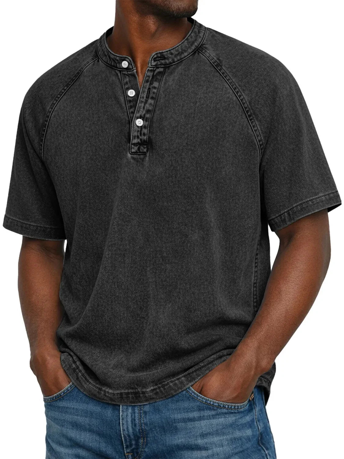 T-shirt Henley Homem | Manga Curta, Efeito Lavado | Casual