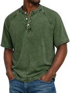 T-shirt Henley Homem | Manga Curta, Efeito Lavado | Casual