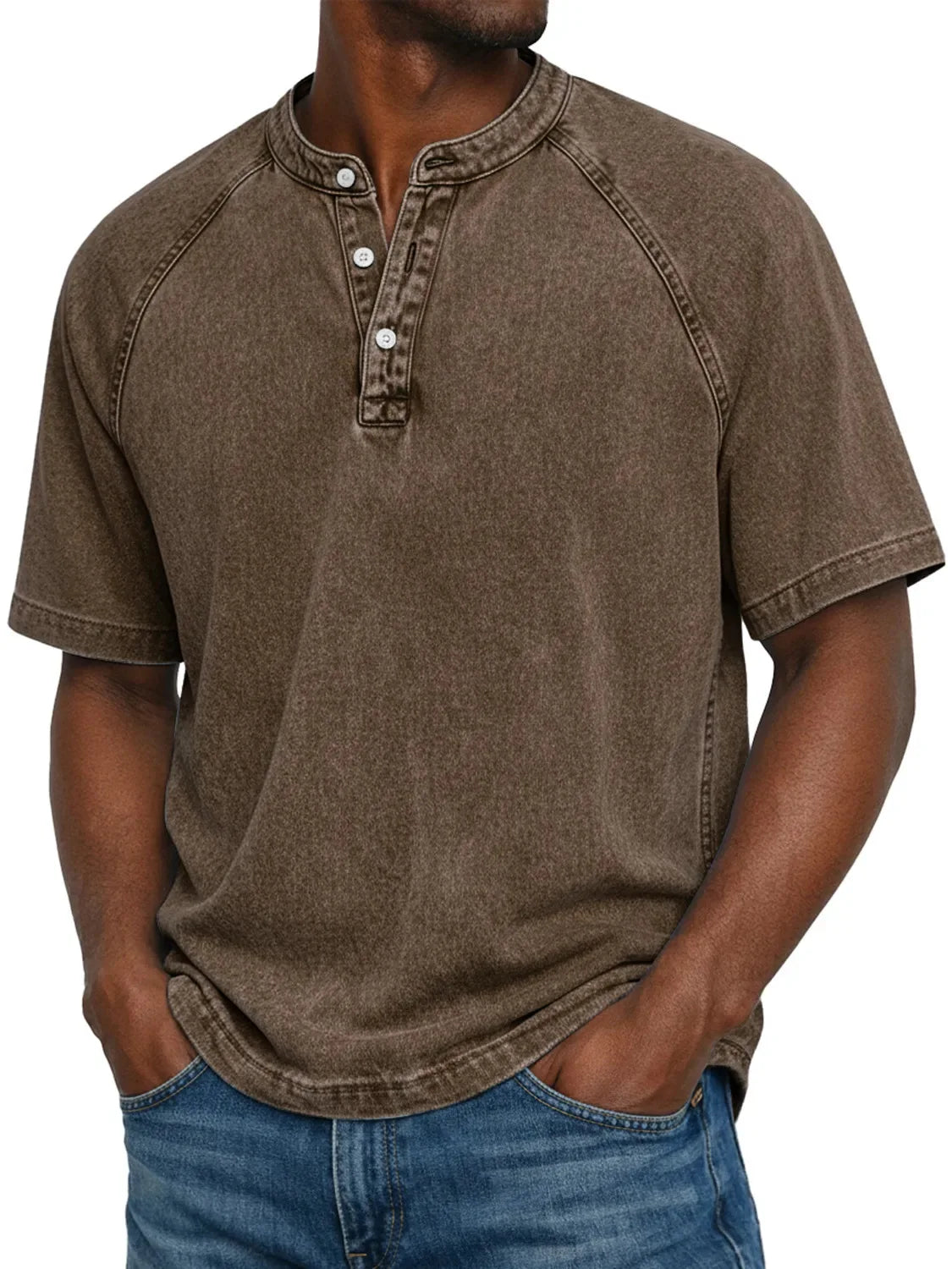 T-shirt Henley Homem | Manga Curta, Efeito Lavado | Casual