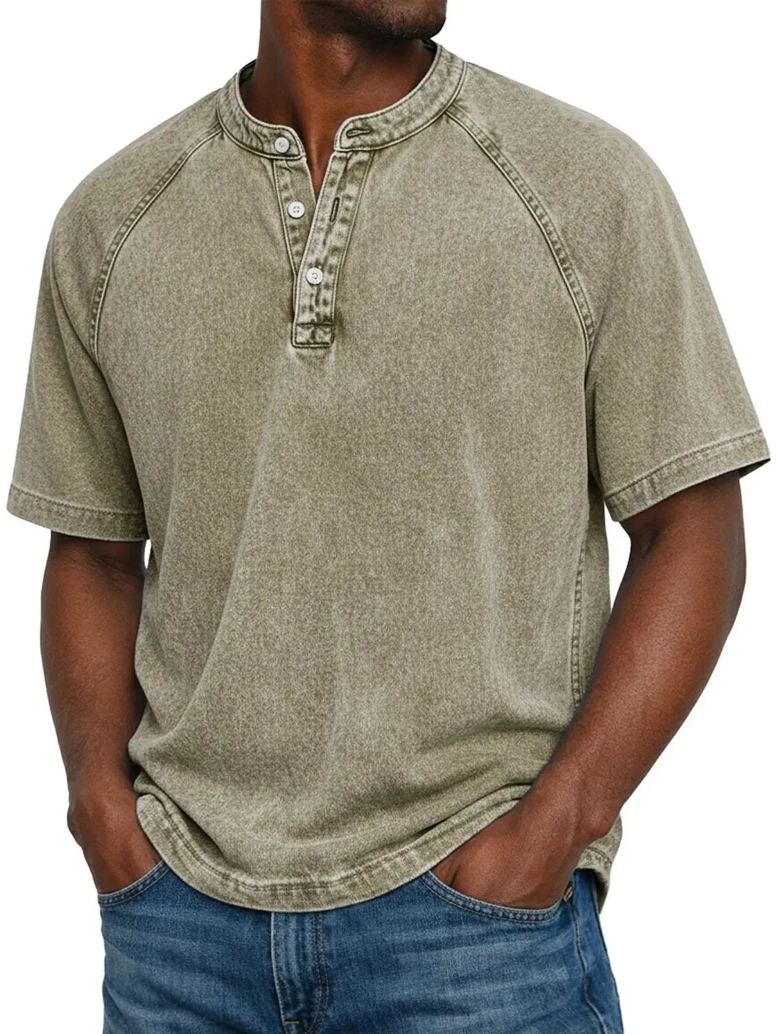 T-shirt Henley Homem | Manga Curta, Efeito Lavado | Casual
