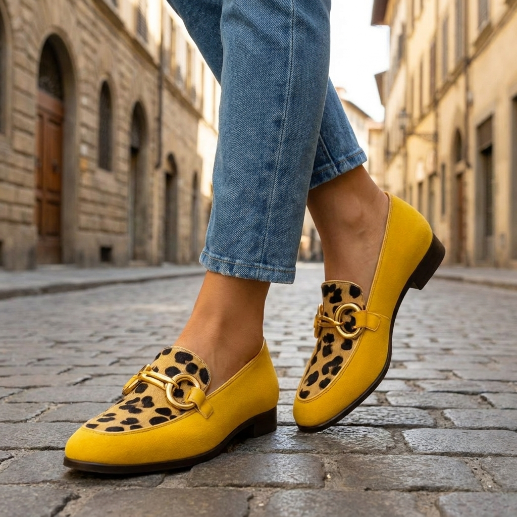 Jade | Chinelos Slip-On Estampa Animal | Rasteiras Femininas Amarelas | Fivela Metálica