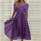 Thalia | Vestido Midi Chiffon Renda Manga Três Quartos