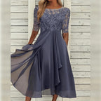 Thalia | Vestido Midi Chiffon Renda Manga Três Quartos