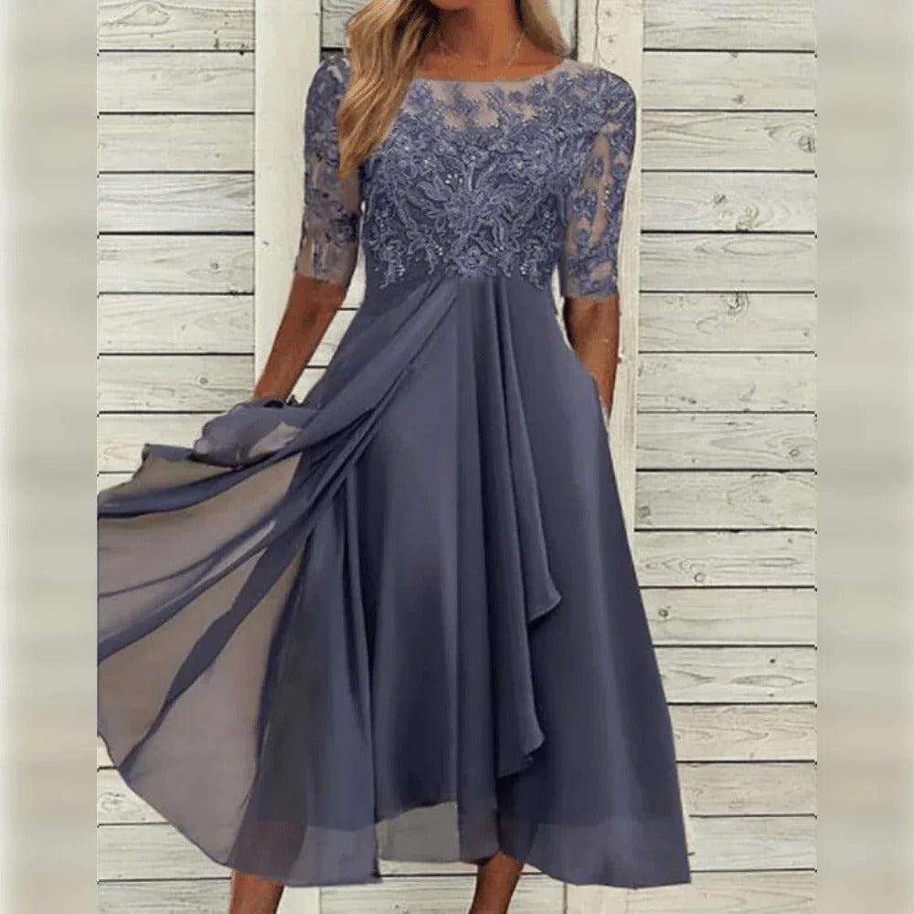 Thalia | Vestido Midi Chiffon Renda Manga Três Quartos