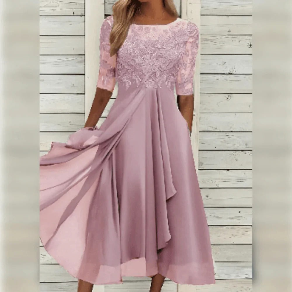 Thalia | Vestido Midi Chiffon Renda Manga Três Quartos