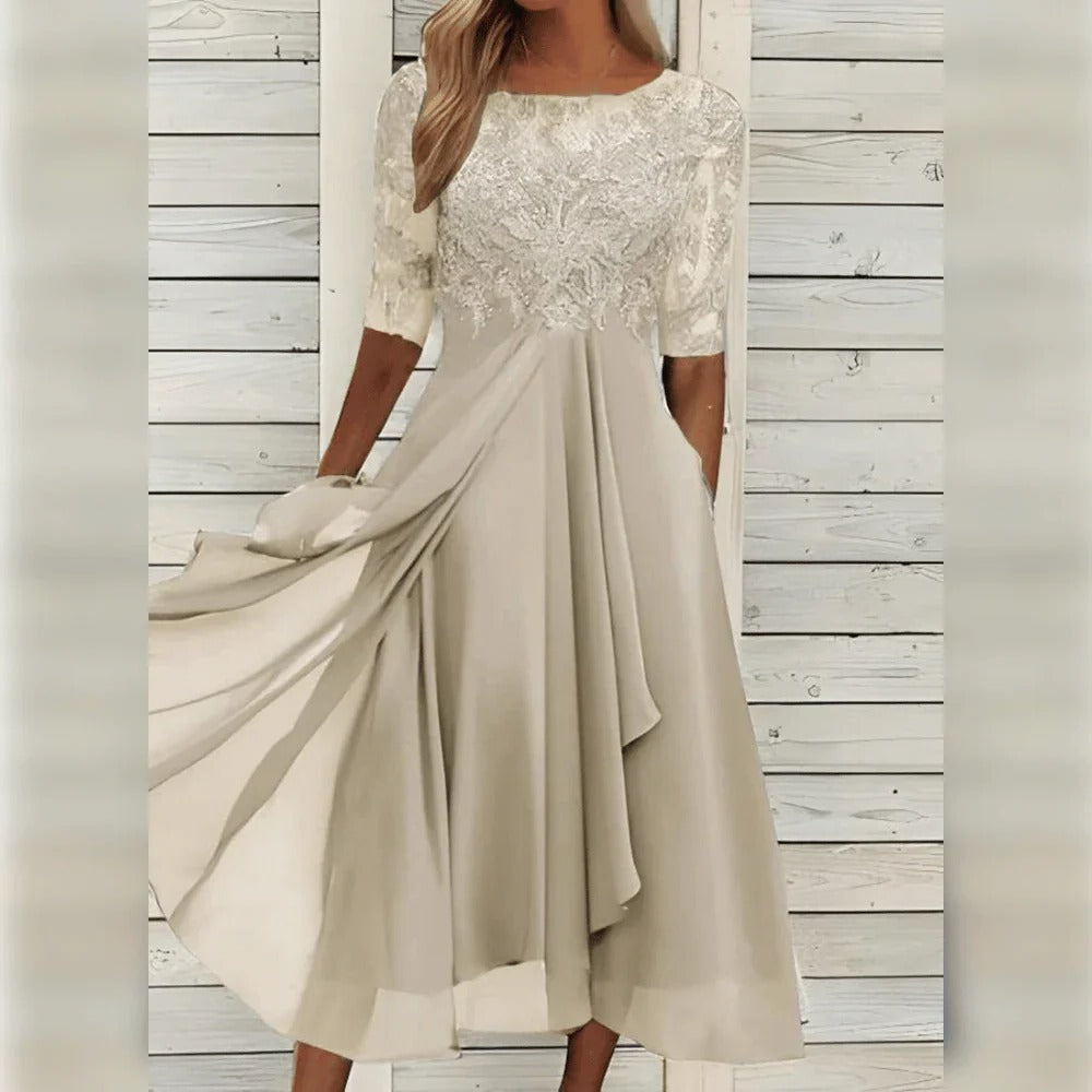 Thalia | Vestido Midi Chiffon Renda Manga Três Quartos