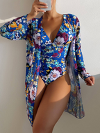 Mulher Biquíni 3 Peças Floral Azul Saia Envolvente