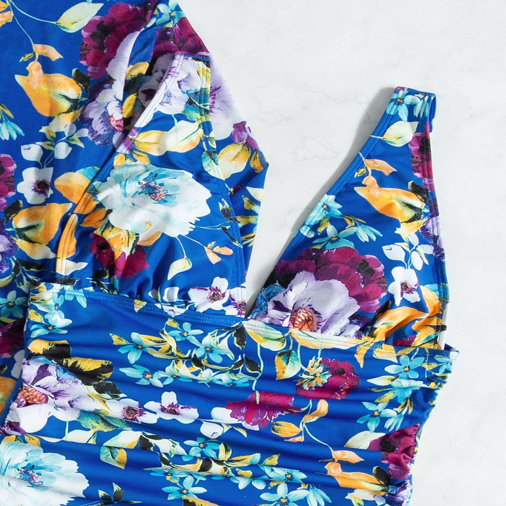 Mulher Biquíni 3 Peças Floral Azul Saia Envolvente