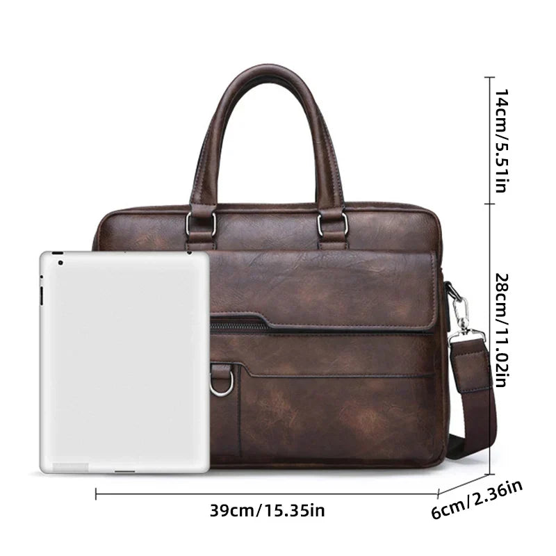 Bolsa de ombro em couro masculina com alça ajustável e fecho de correr