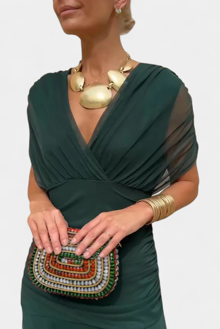 Vestido Comprido Mulher | Decote em V, Cintura Definida | Fluido