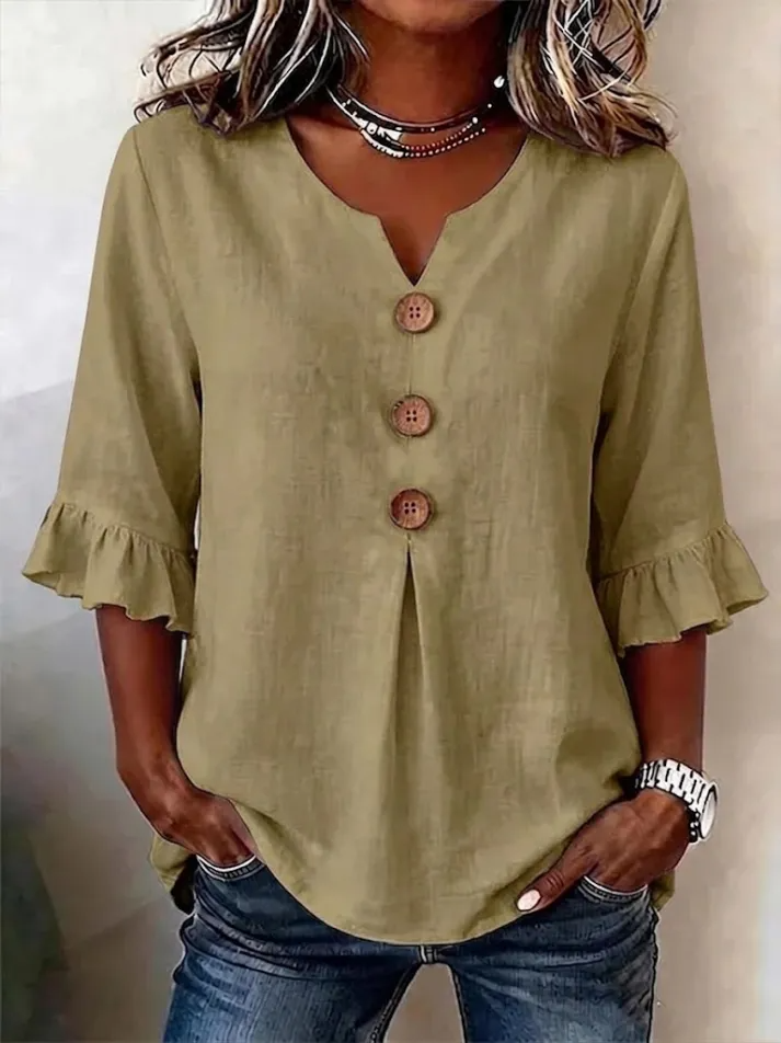Camisa de Mulher Decote em V com Botões | Fluida, Confortável, Respirável