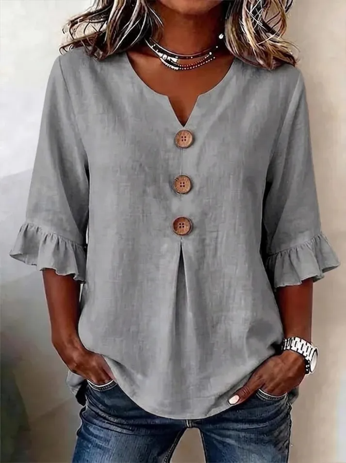 Camisa de Mulher Decote em V com Botões | Fluida, Confortável, Respirável