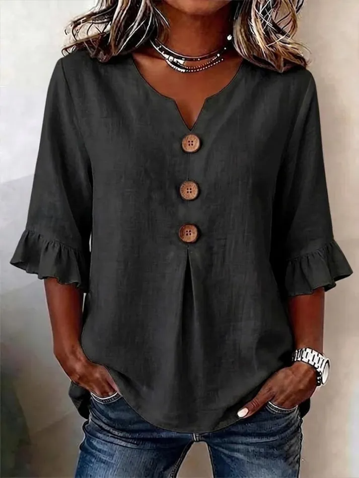Camisa de Mulher Decote em V com Botões | Fluida, Confortável, Respirável