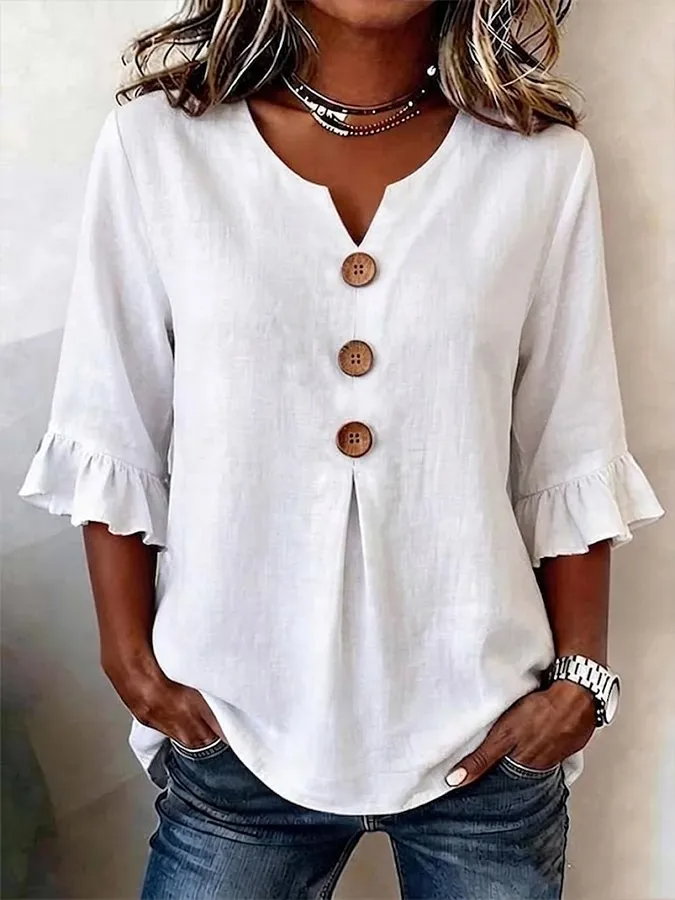 Camisa de Mulher Decote em V com Botões | Fluida, Confortável, Respirável