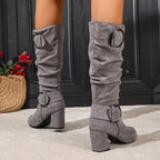 Botas Femininas Joelho | Salto Bloco, Fivela