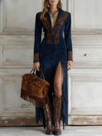 Tindra | Mulher Vestido Maxi Manga Longa com Franjas