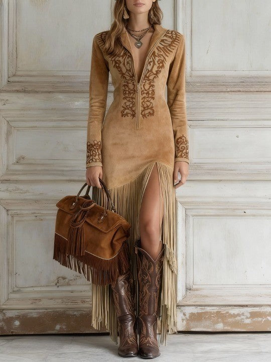 Tindra | Mulher Vestido Maxi Manga Longa com Franjas