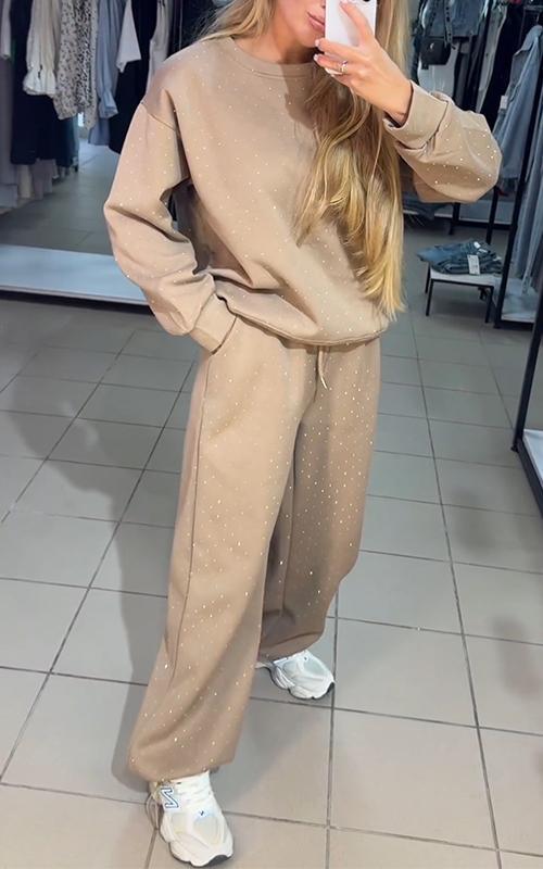 Faye | Conjunto Loungewear Feminino Calça Larga Detalhes Strass