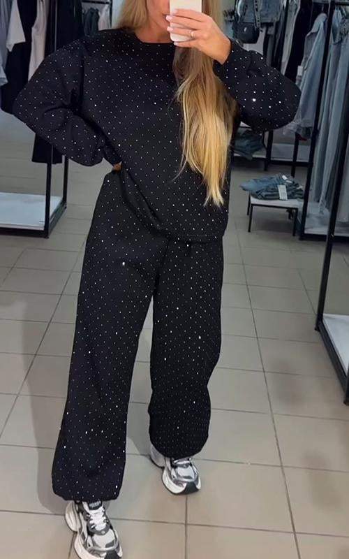 Faye | Conjunto Loungewear Feminino Calça Larga Detalhes Strass