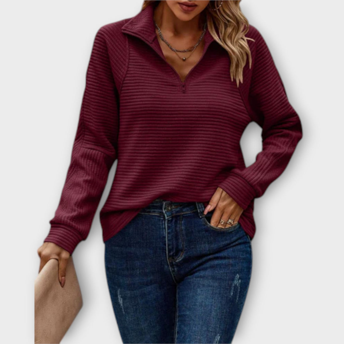 Dione | Camisola Canelada Feminina Quarter-Zip com Gola