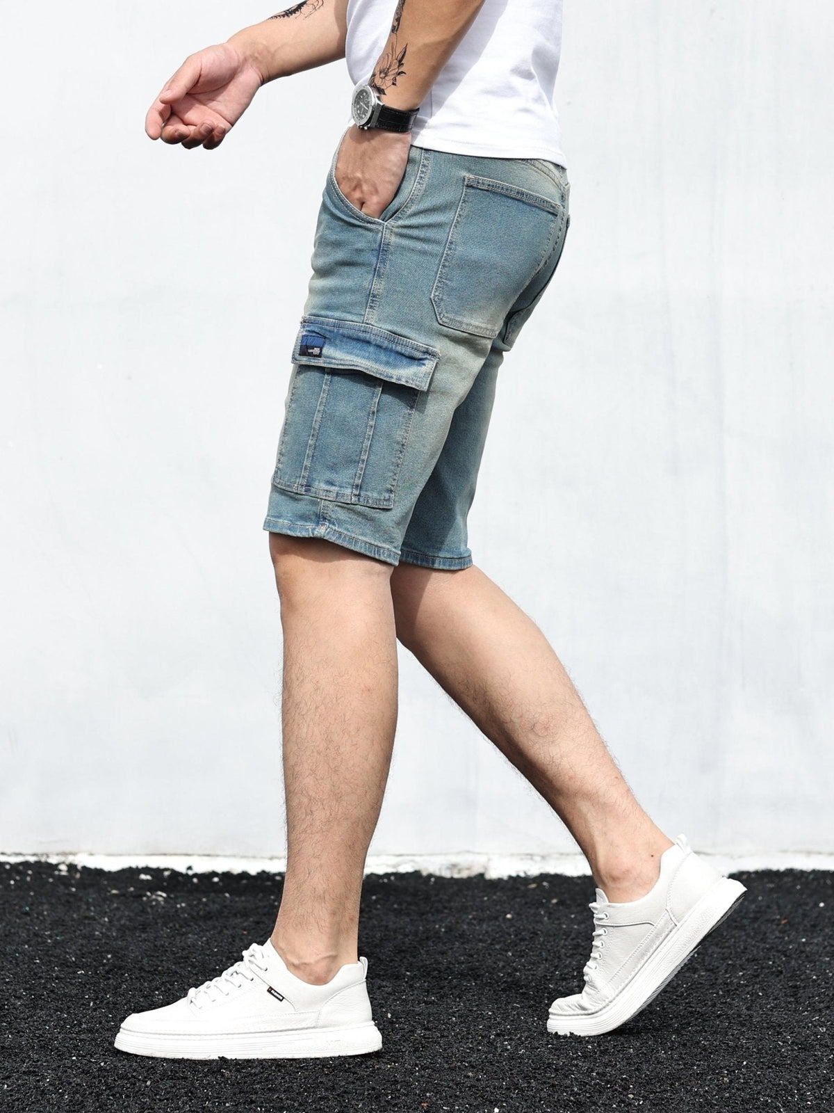 Willa | Homem Calções Cargo Denim Cós Ajustável