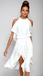 Yvaine | Vestido Midi Ombros à Mostra Orla Assimétrica