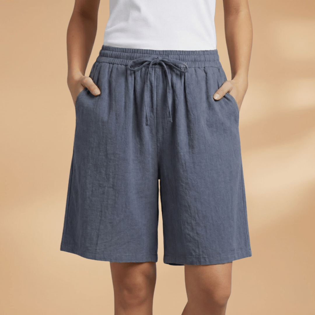 Shorts feminino algodão relaxed fit com cós elástico e cordão regulável