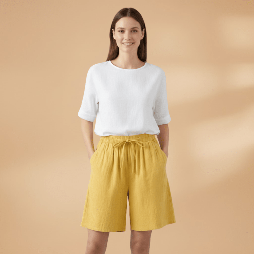 Shorts feminino algodão relaxed fit com cós elástico e cordão regulável