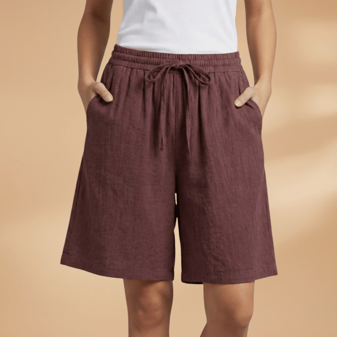 Shorts feminino algodão relaxed fit com cós elástico e cordão regulável