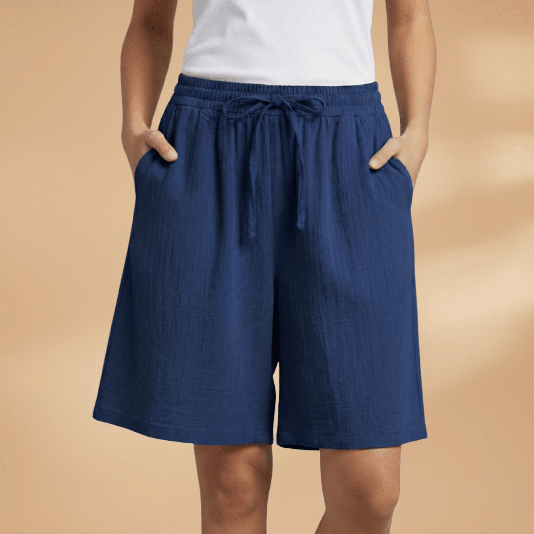 Shorts feminino algodão relaxed fit com cós elástico e cordão regulável