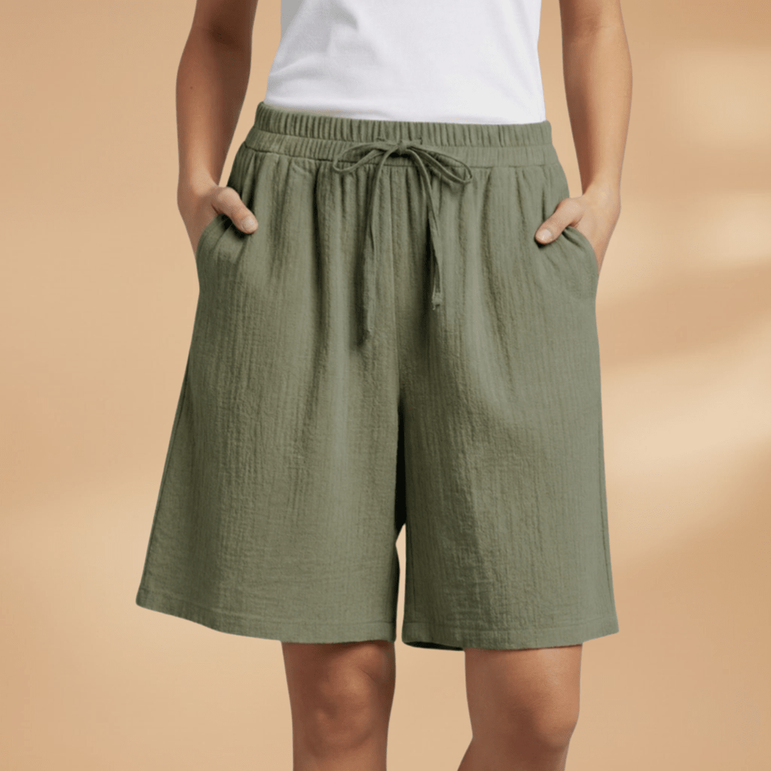 Shorts feminino algodão relaxed fit com cós elástico e cordão regulável