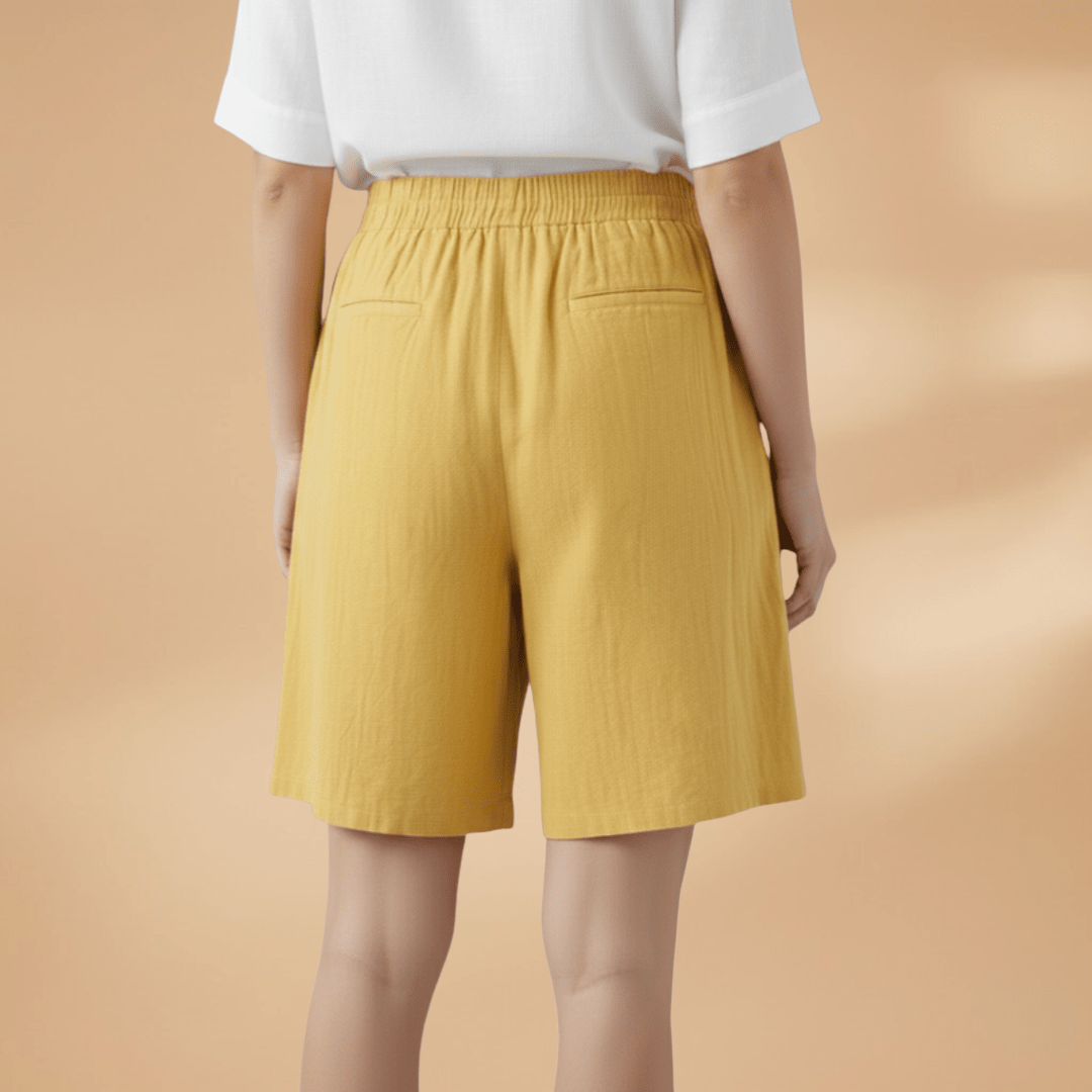 Shorts feminino algodão relaxed fit com cós elástico e cordão regulável