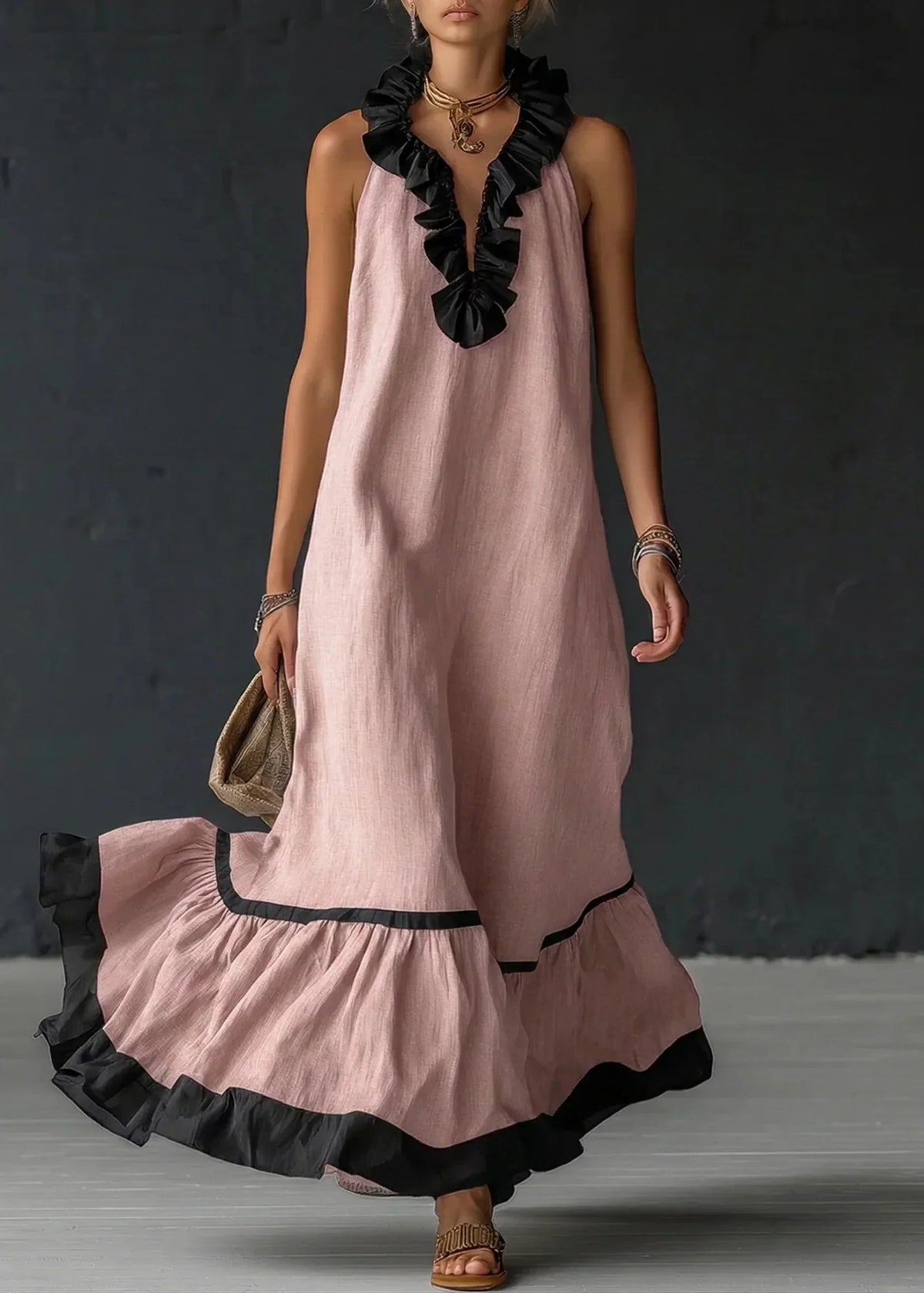 Vestido Longo Mulher com Volantes Gola Halter