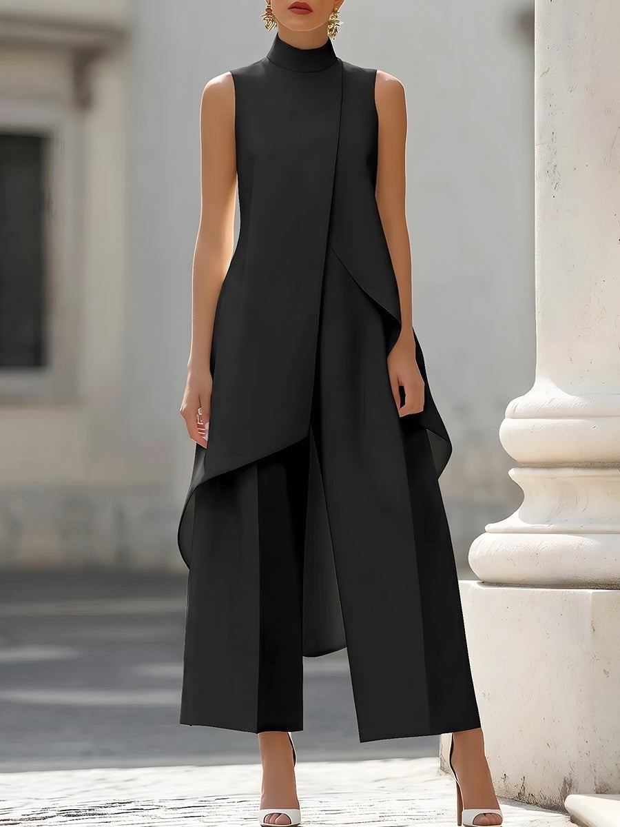 Conjunto Mulher Gola Alta | Blusa Assimétrica e Calças Palazzo