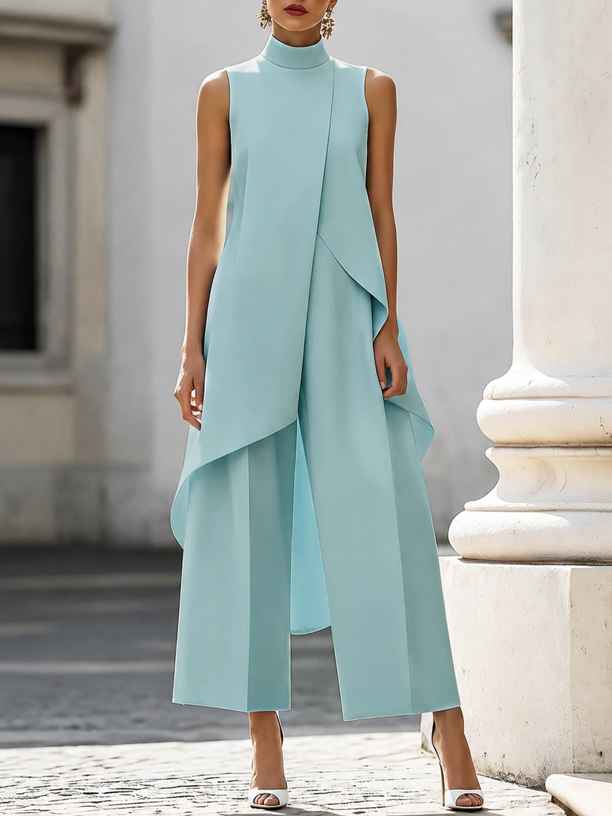 Conjunto Mulher Gola Alta | Blusa Assimétrica e Calças Palazzo